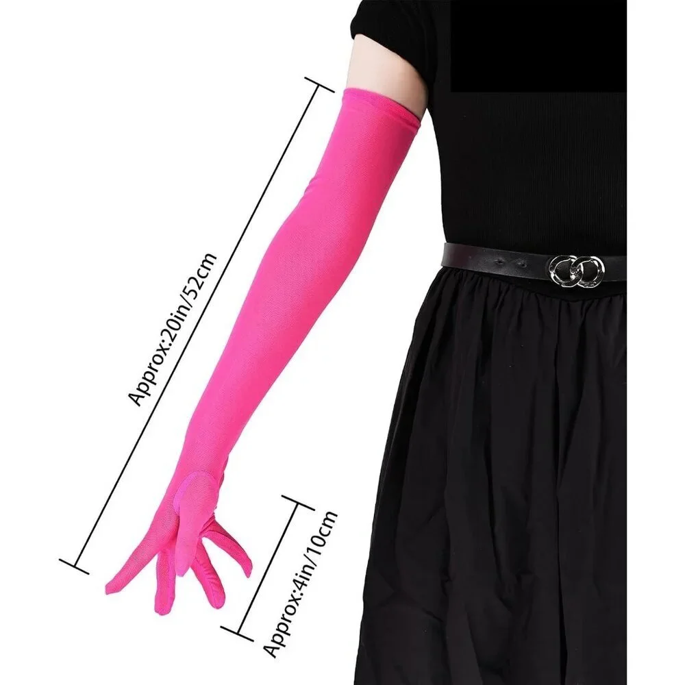Women's Tulle Hot Pink Long Satin Gloves Evening Elbow Length Party Costumes